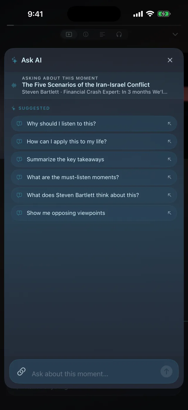 The mindreel Ask AI panel, scoped to a moment, with suggested questions and an ask input.